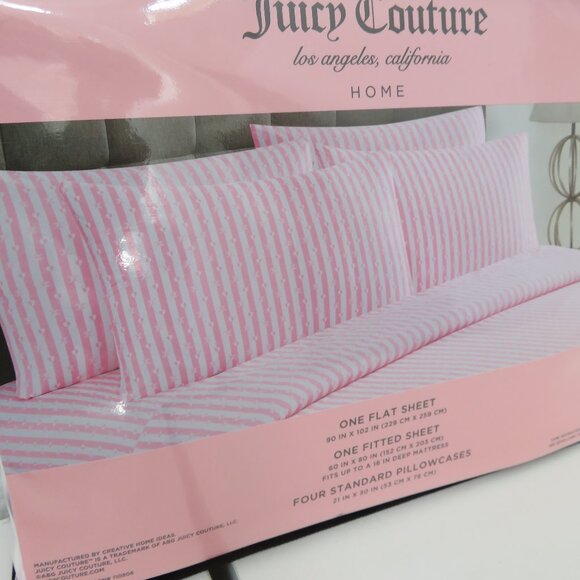 Juicy Couture JC Logo Pink & White Hearts Striped queen 6pc Sheet Set - Picture 3 of 6